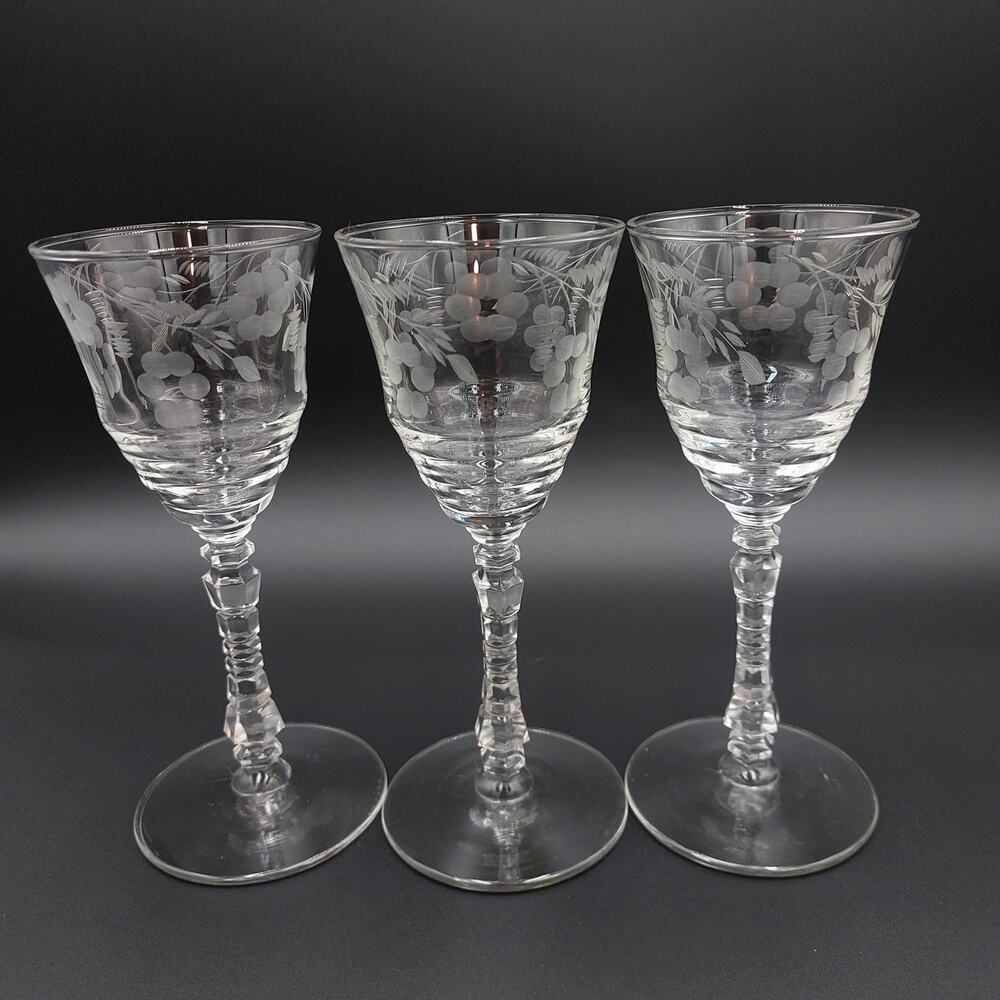 Libbey Rock Sharpe Halifax Etched Wine Glass Smaller-Port Style 1940/1950 Set-3